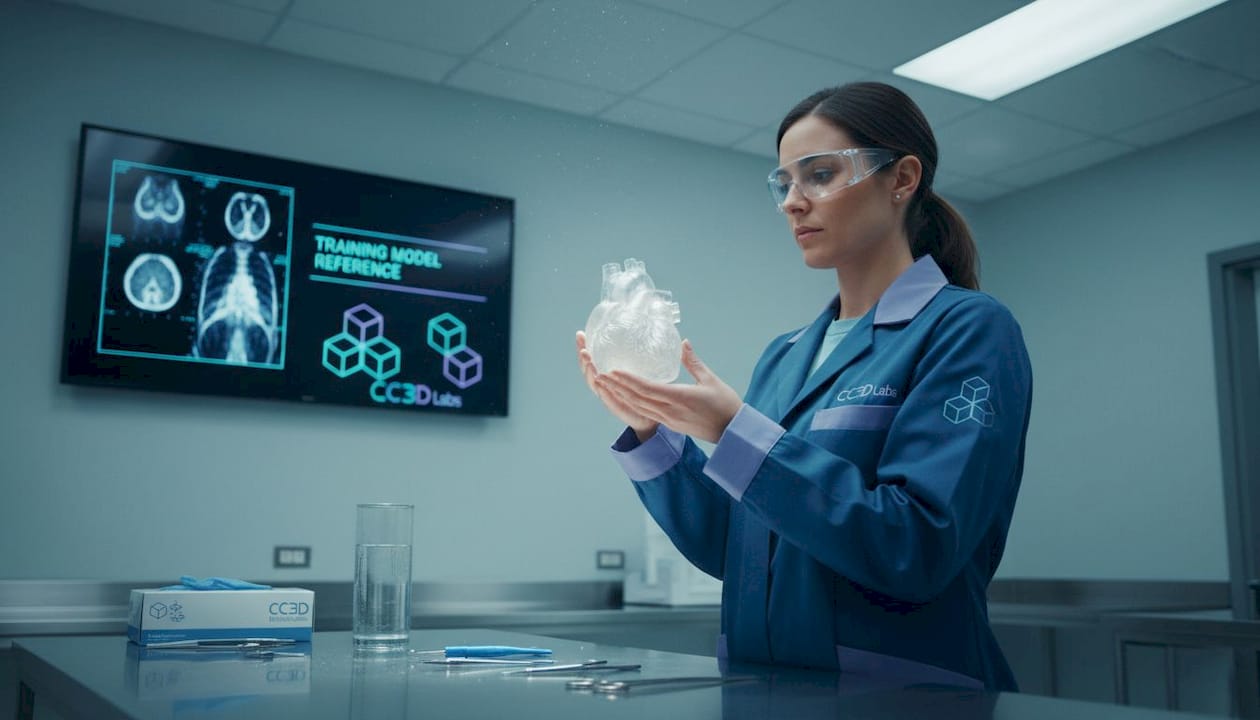 Engineer examining 3D printed surgical heart model