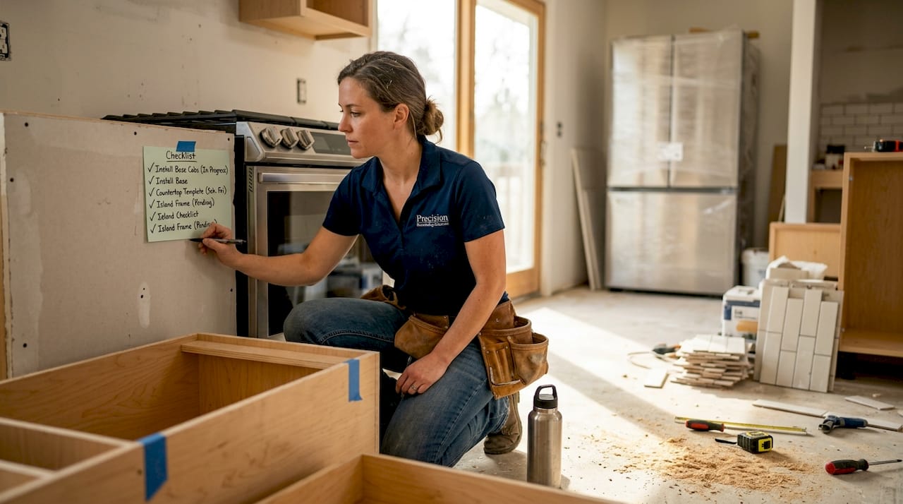 Remodeling specialist inspecting kitchen cabinets