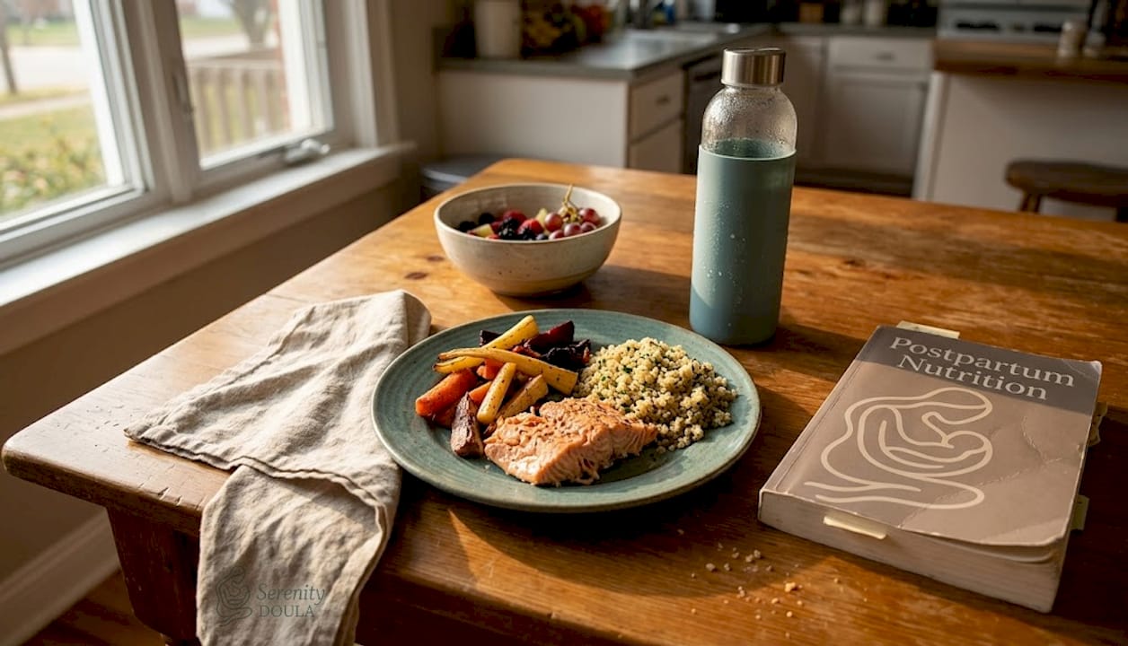 Nutritious postpartum meal on kitchen table