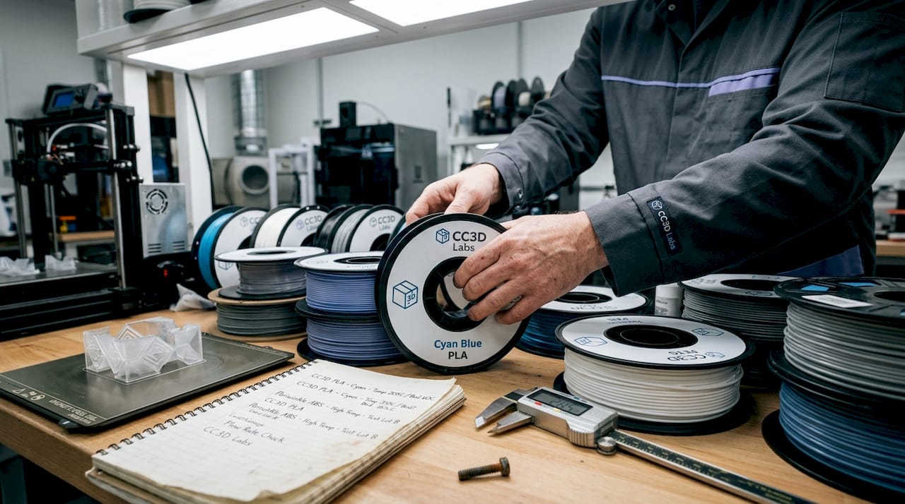 Lab specialist handling various 3D print filaments