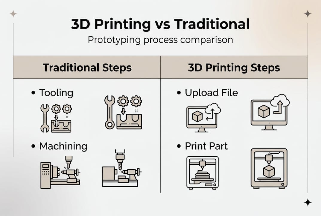 Infographic comparing 3D printing and traditional prototyping steps
