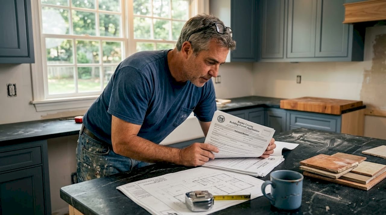 Contractor reviews code paperwork for kitchen