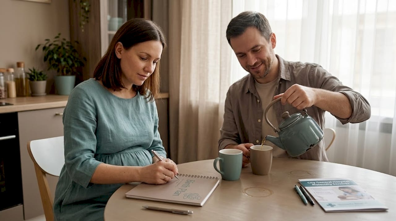 Pregnant couple planning birth at kitchen table