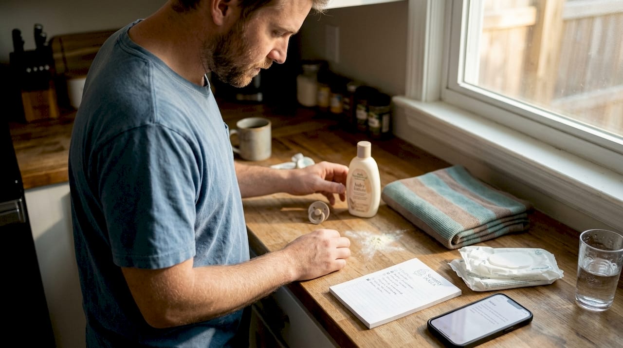 Parent organizing newborn soothing essentials