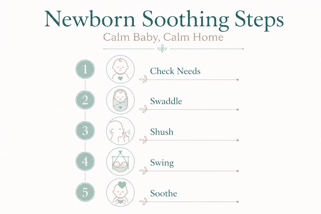 Infographic showing step-by-step newborn soothing routine