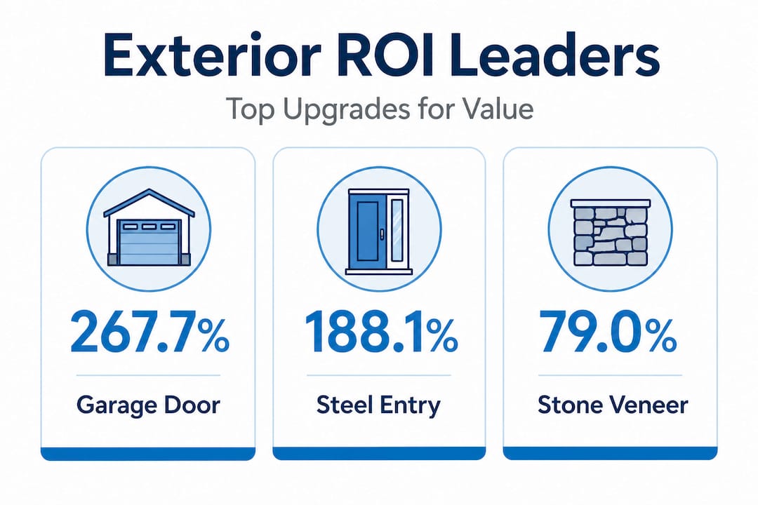 Infographic highlighting top ROI exterior upgrades in stat cards