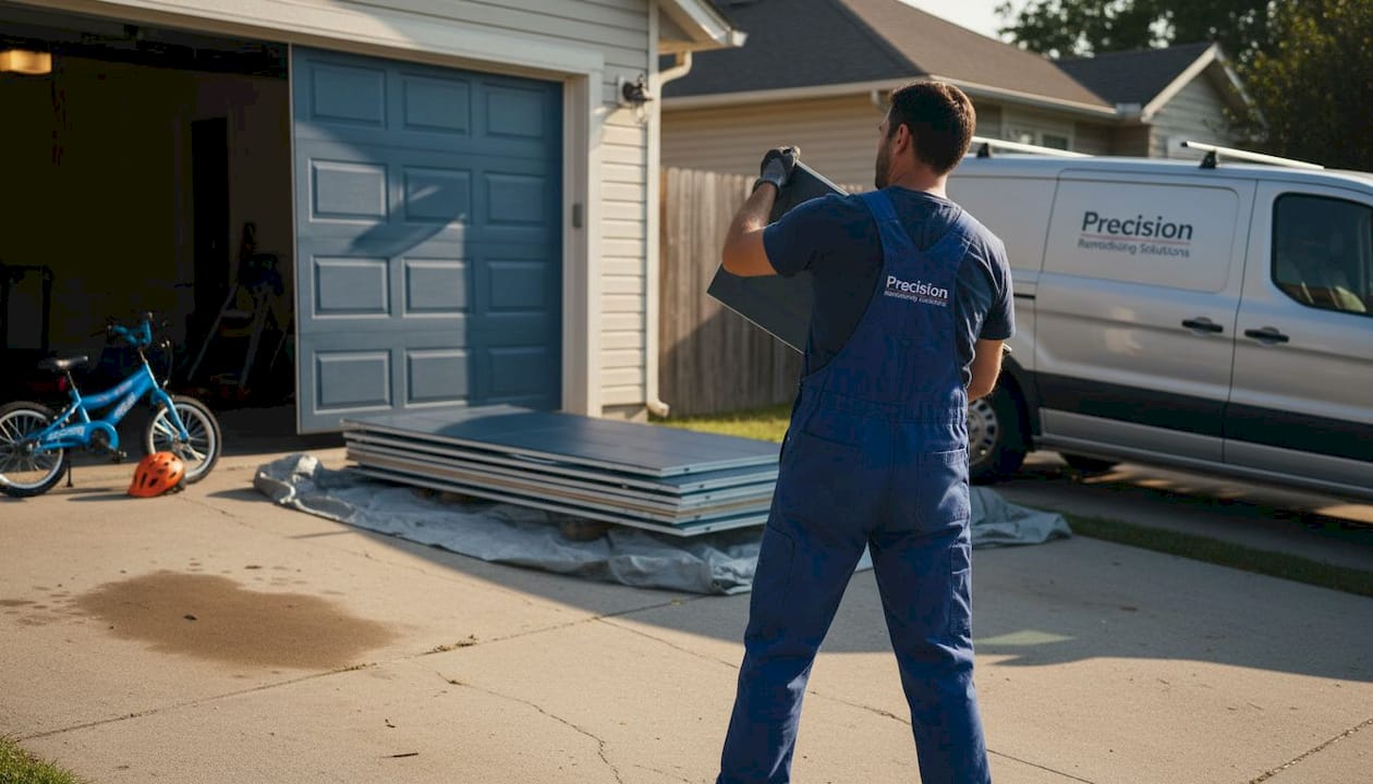 Installer replacing garage door for increased curb appeal