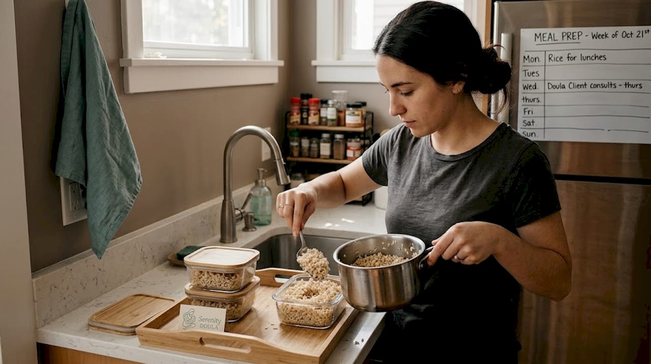 Mom batch cooking grains and proteins