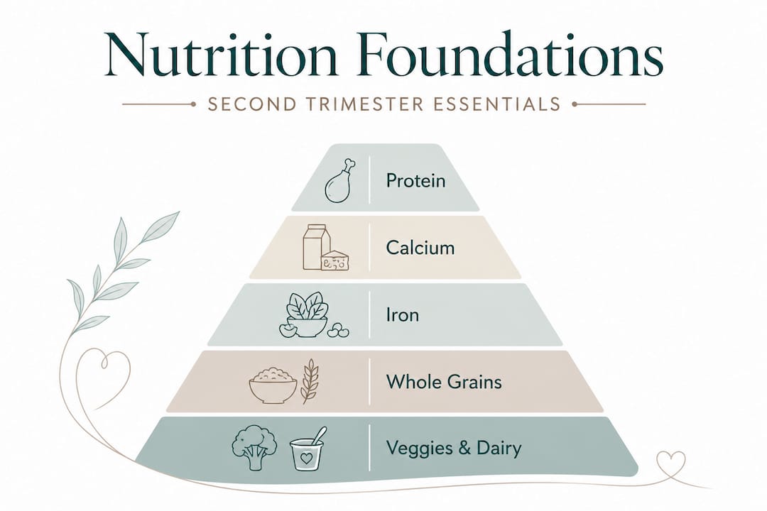 Infographic pyramid of second trimester nutrition essentials