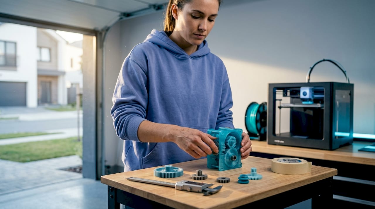 Woman testing 3D printed gearbox at worktable