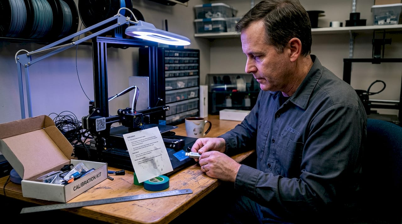 Person calibrating 3D printer with kit and instructions