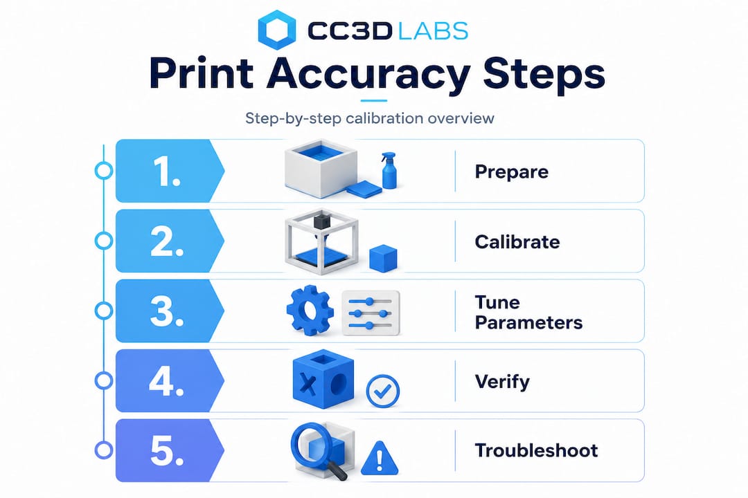 Vertical flow infographic of 3D print calibration steps