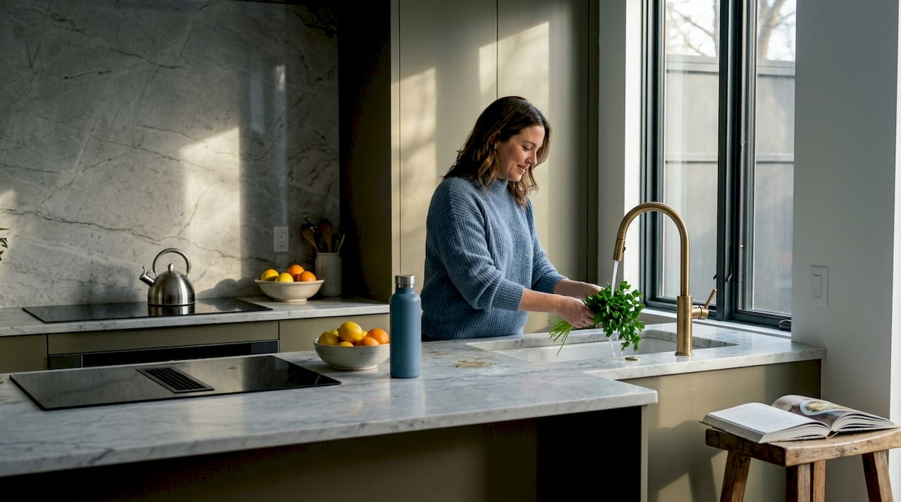 Homeowner preparing food in updated kitchen
