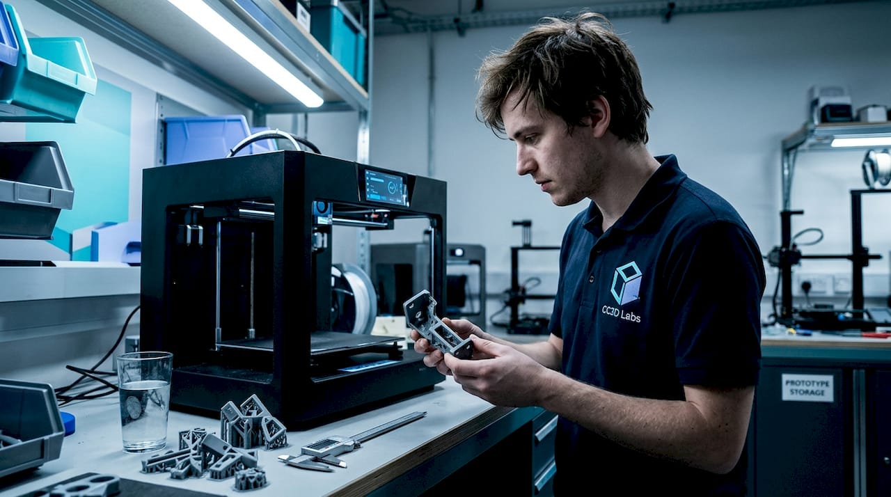 Technician inspecting 3D print overhang issues