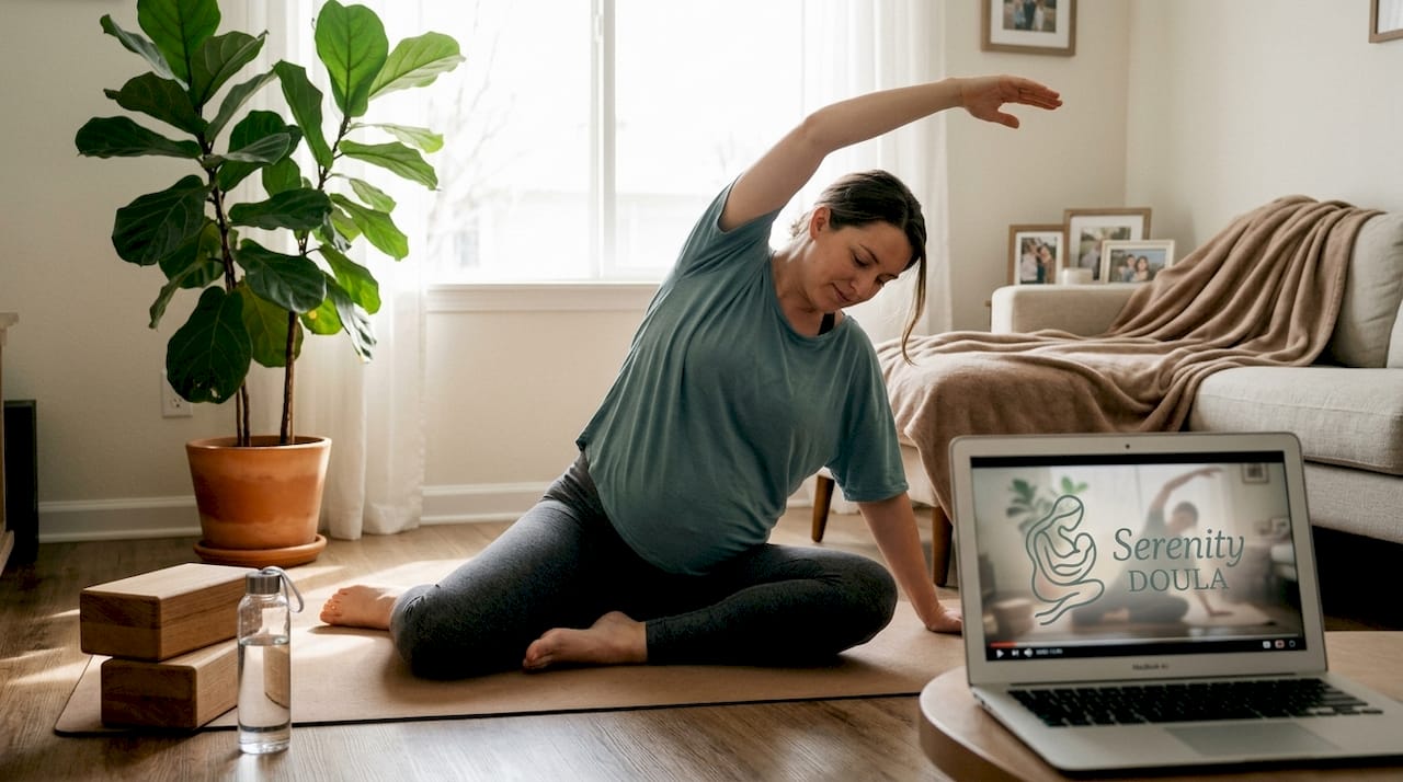 Pregnant woman practicing yoga at home