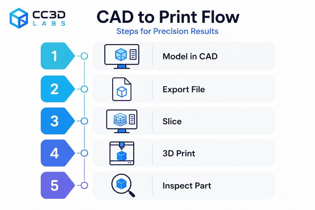 Infographic showing CAD to 3D printer workflow steps
