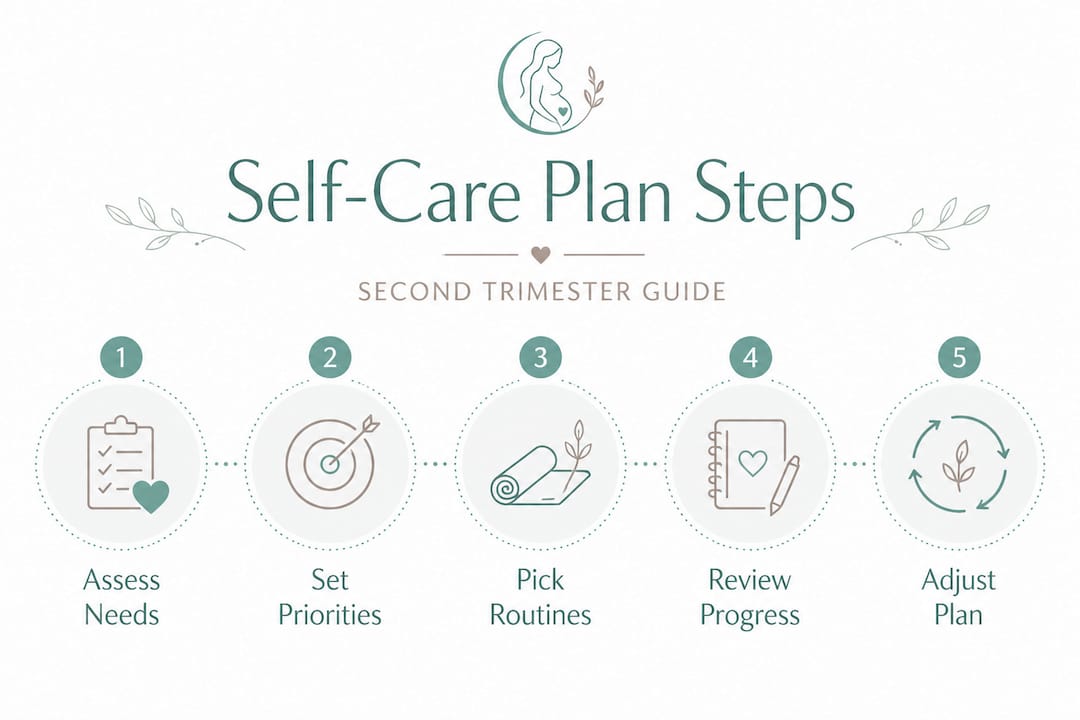 Infographic outlining second trimester self-care steps