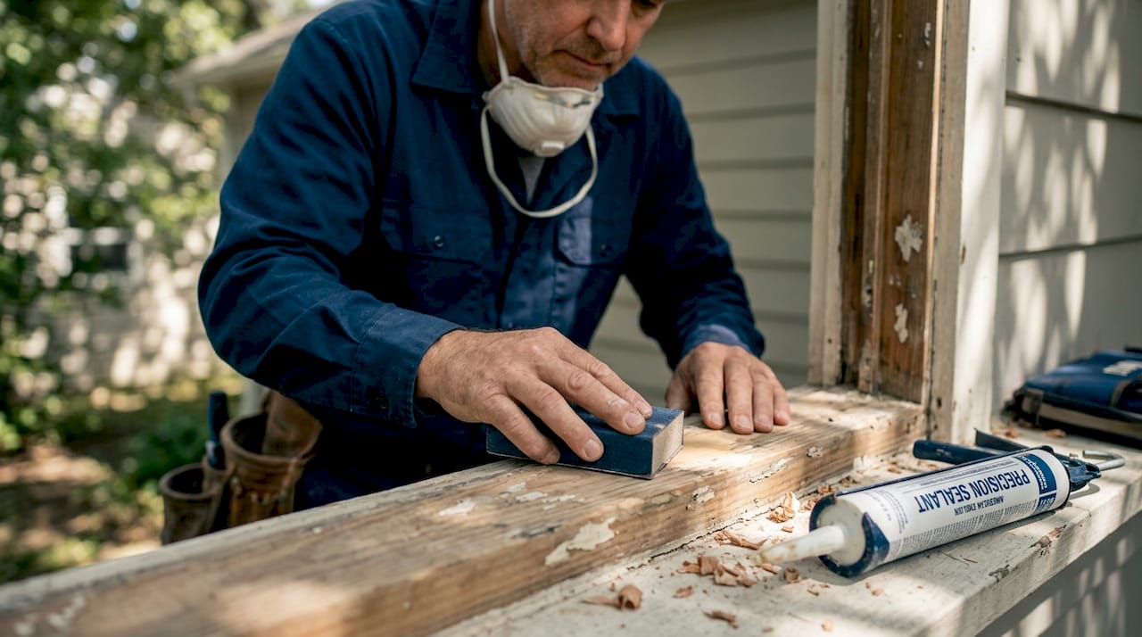 Man sanding window frame after patch repair