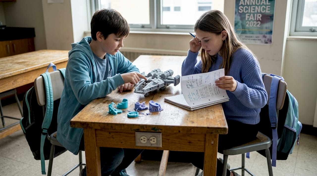 Students studying 3D-printed spacecraft model