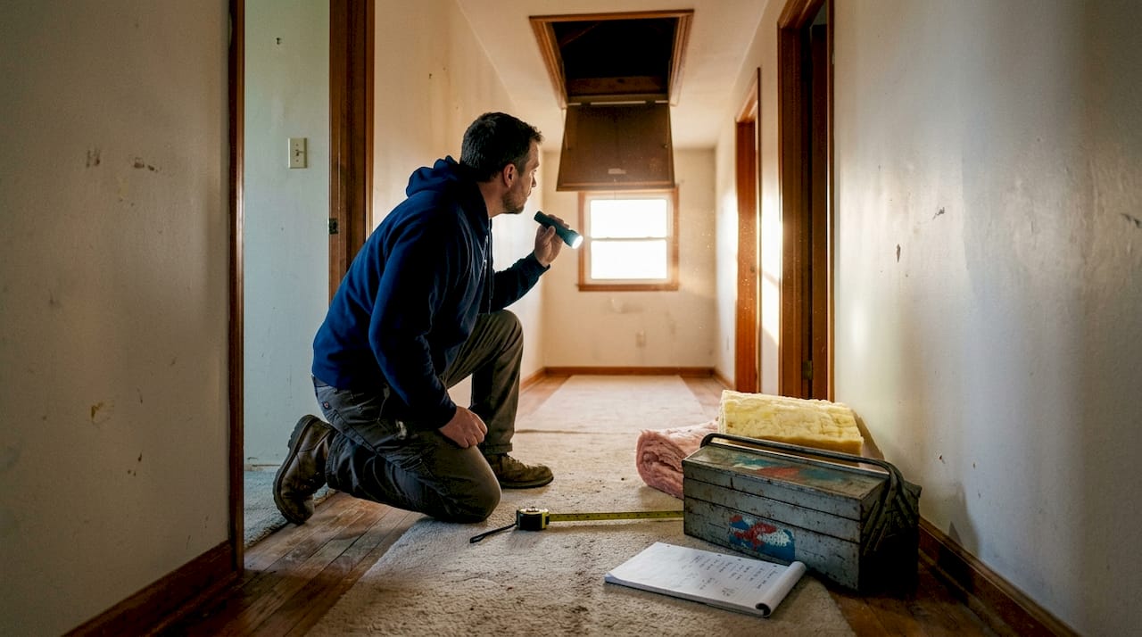 Contractor inspecting attic insulation for efficiency
