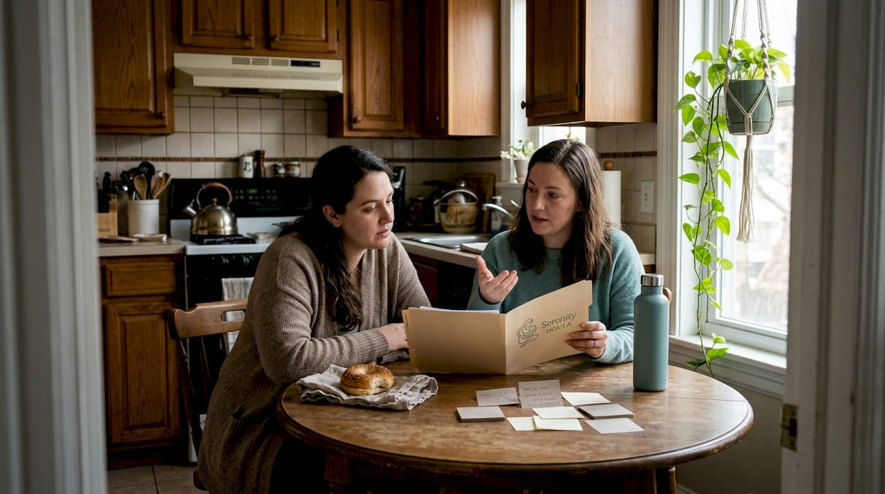 Doula and partner reviewing birth plan at kitchen table