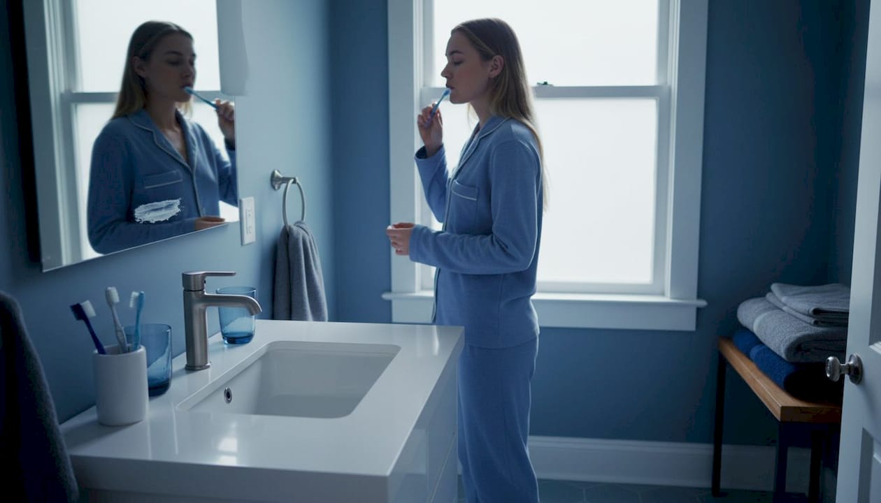 Woman using updated bathroom fixtures in morning