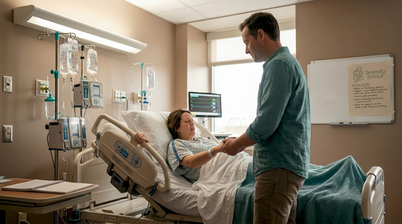 Partner providing labor support in hospital
