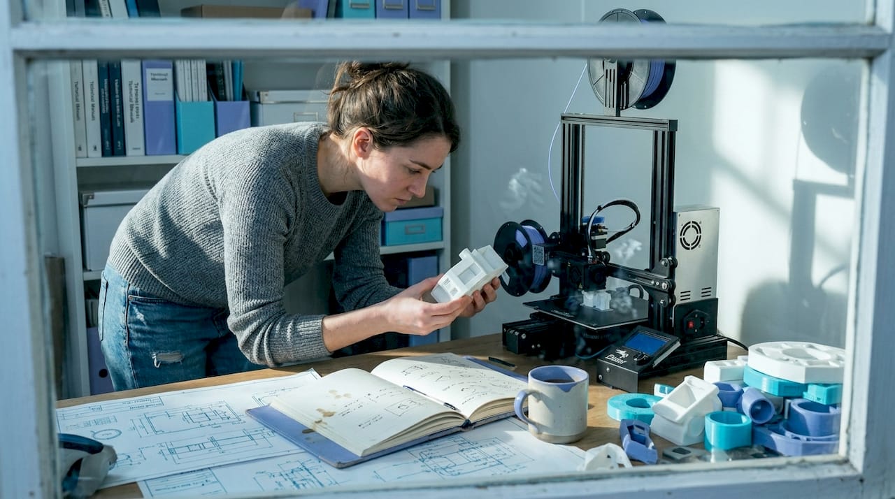 Designer checking prototype beside desktop 3D printer