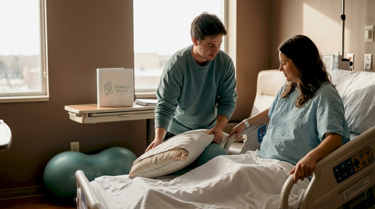 Partner arranges comfort tools in labor suite