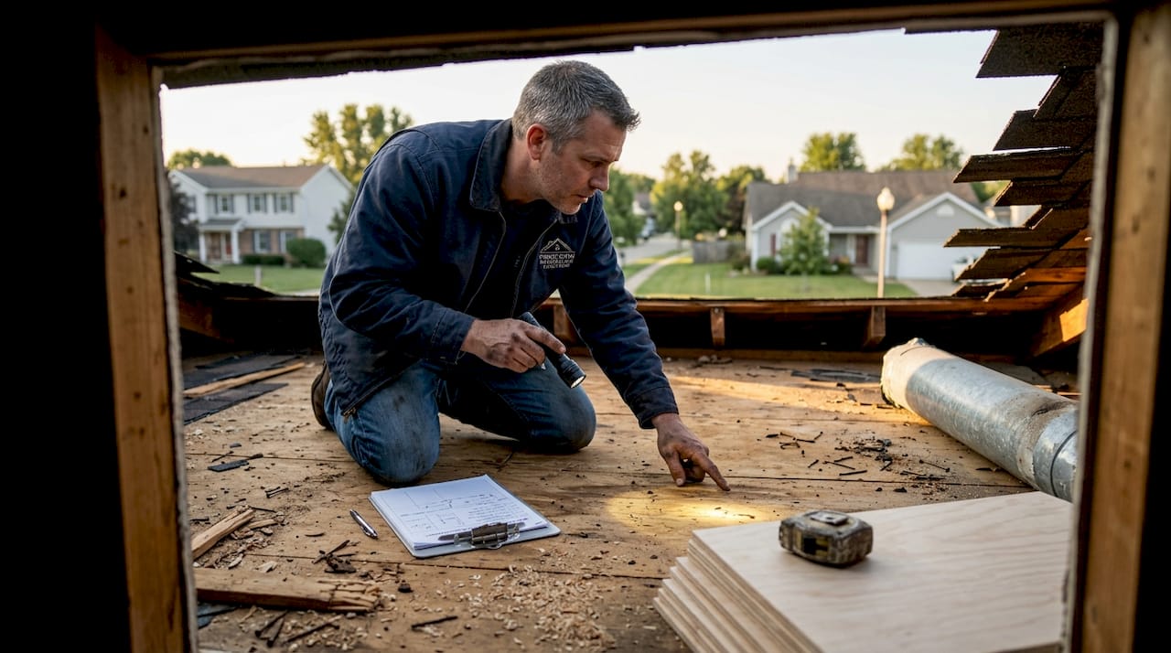 Contractor inspecting exposed roof decking