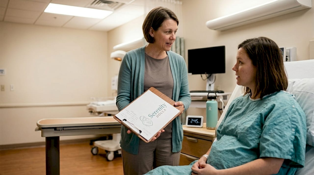 Doula supporting woman in hospital delivery room