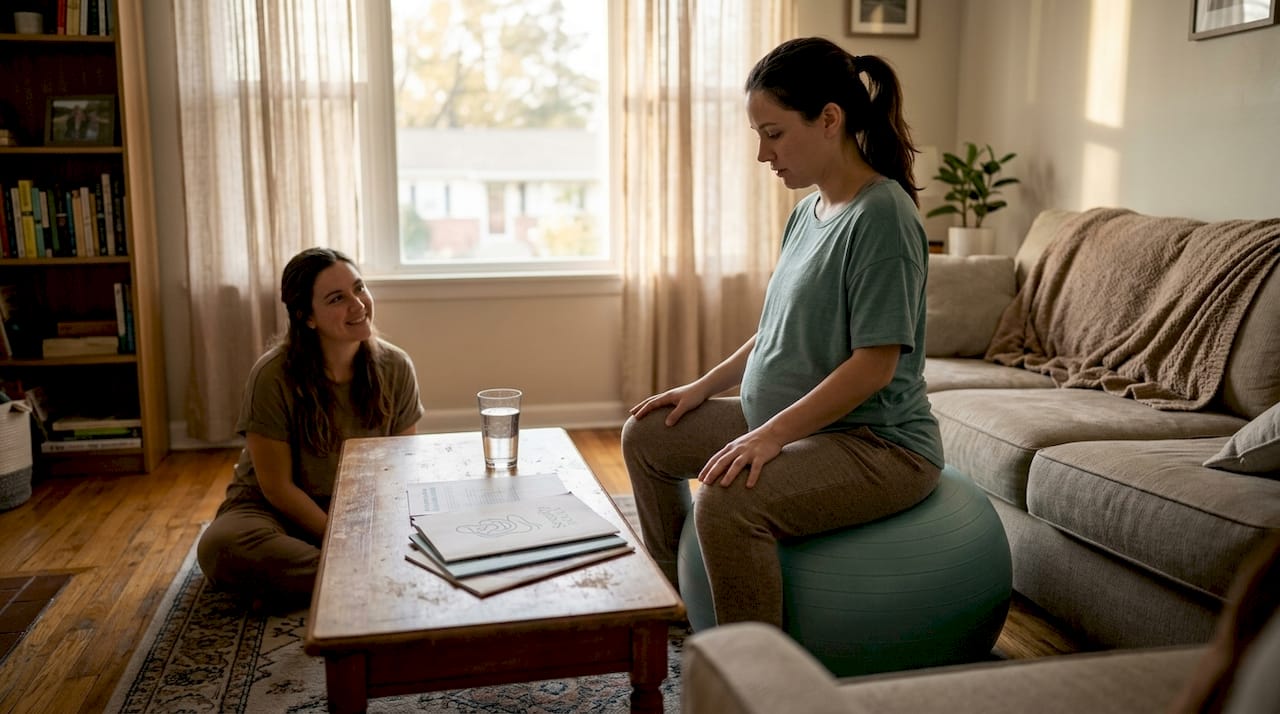 Woman practicing upright labor on birthing ball