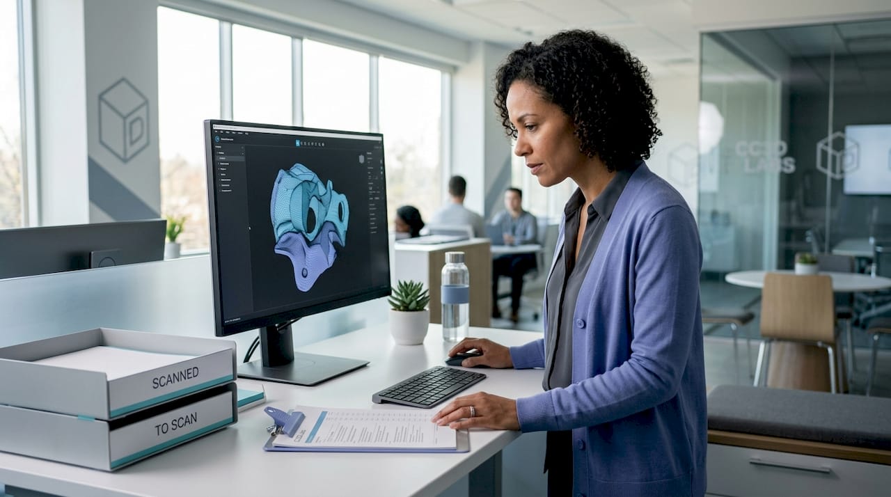Engineer reviewing 3D scan accuracy checklist