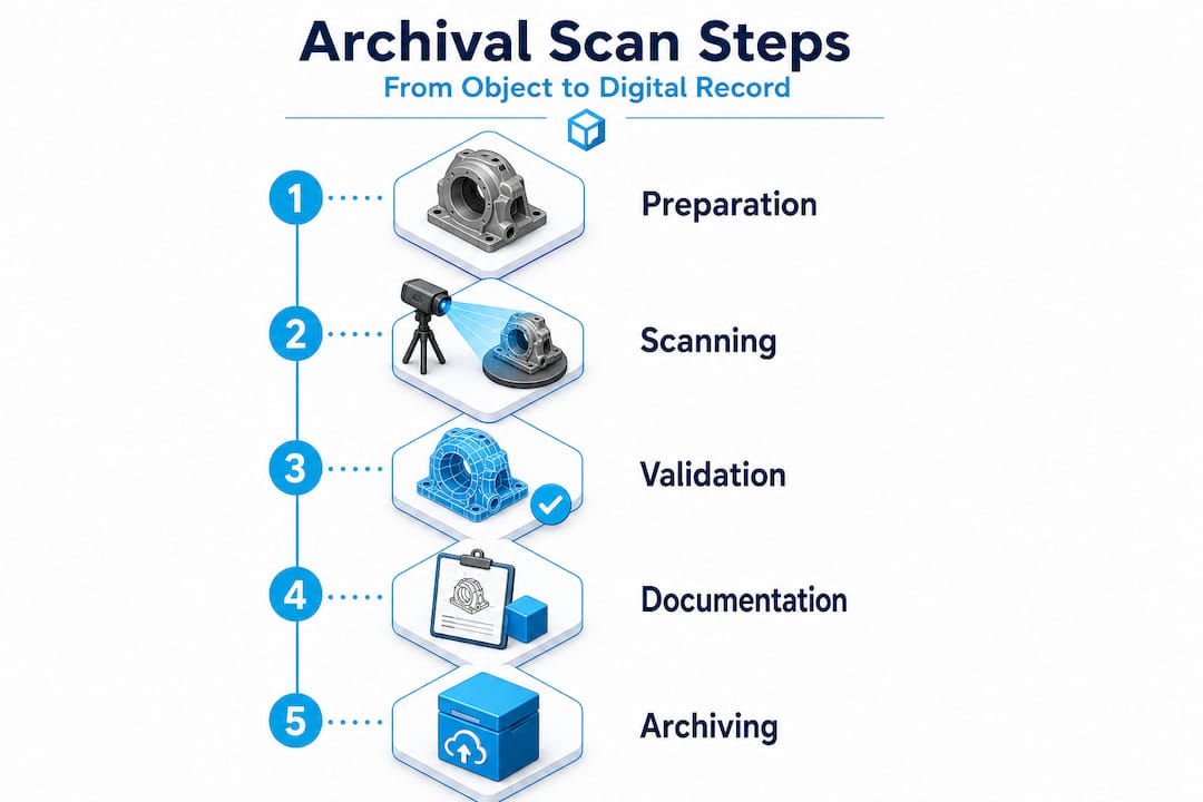 Vertical infographic showing archival 3D scan steps