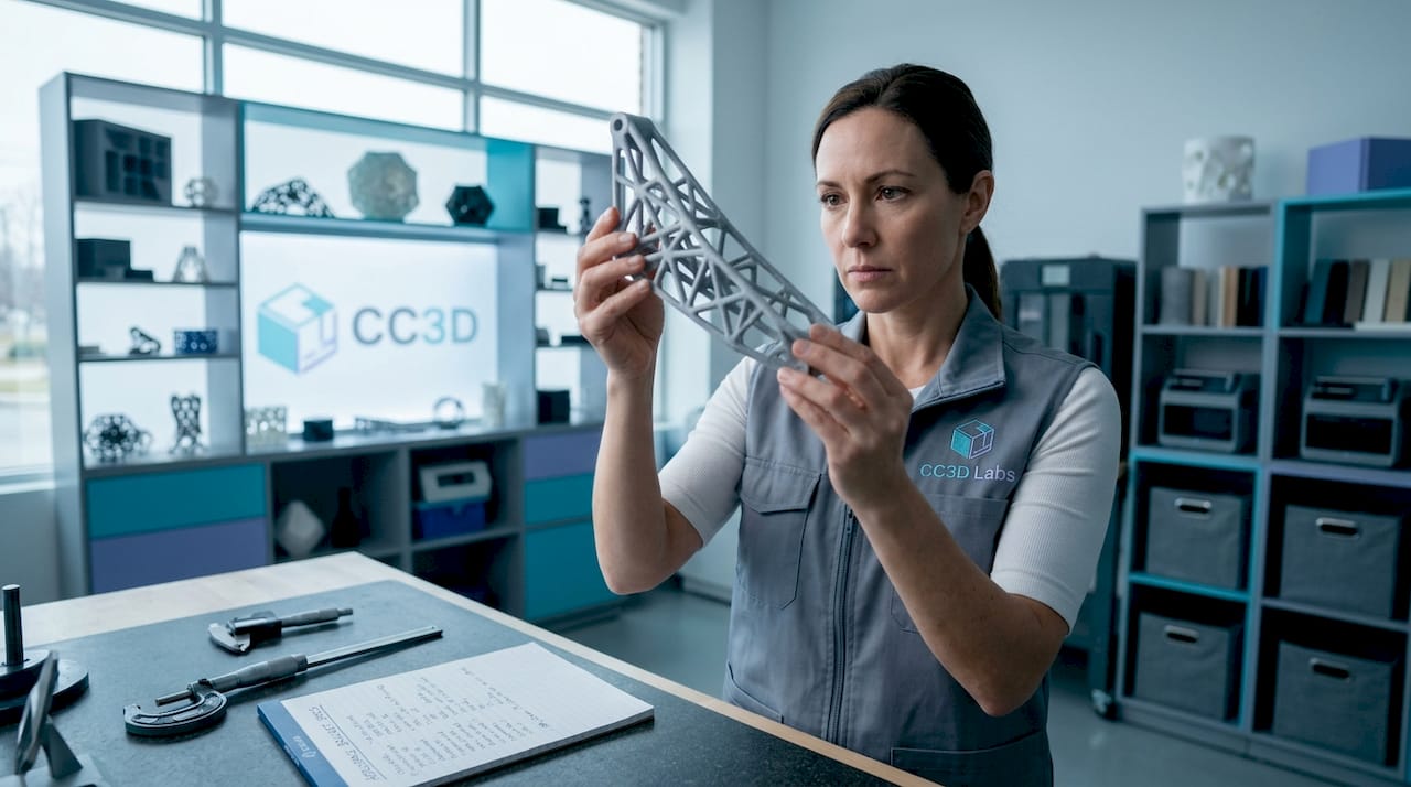 Technician inspects aerospace 3D printed bracket
