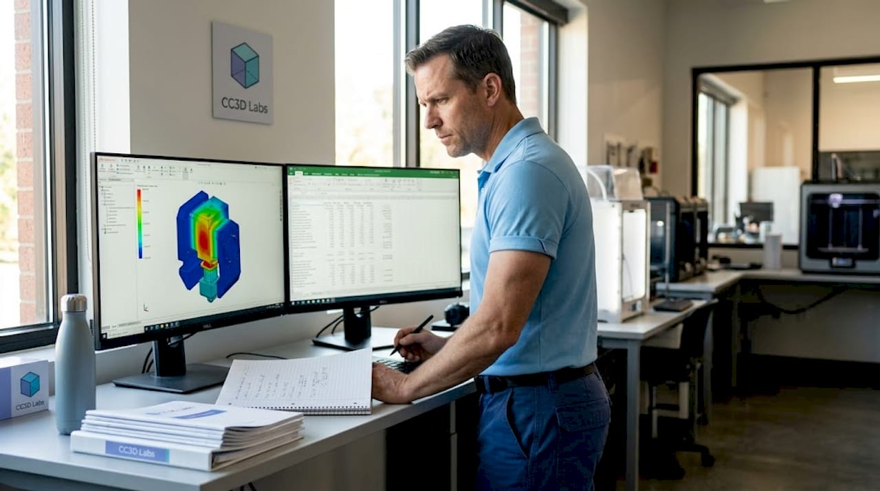 Technician reviewing simulation results for 3D part
