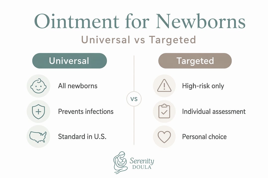 Infographic comparing universal and targeted newborn eye ointment approaches