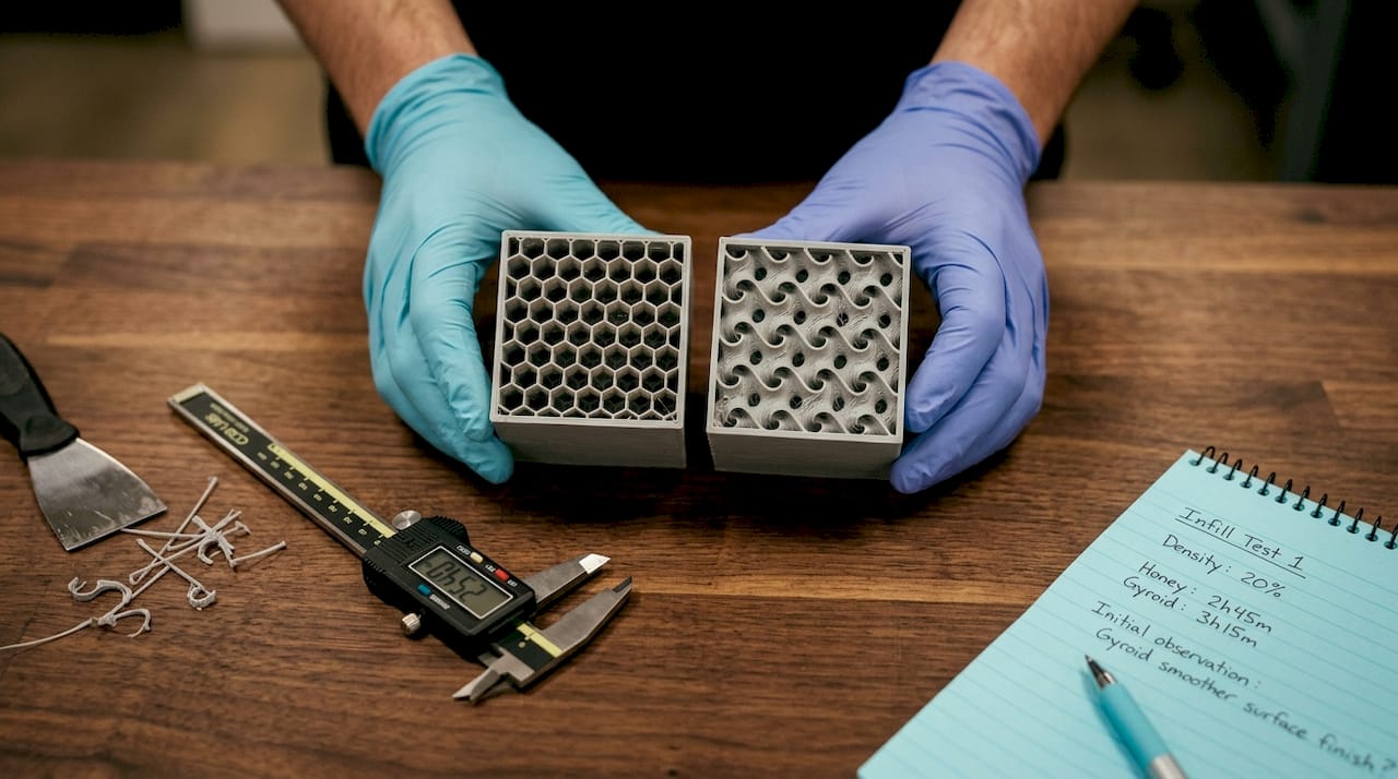 Hands displaying 3D print infill pattern samples