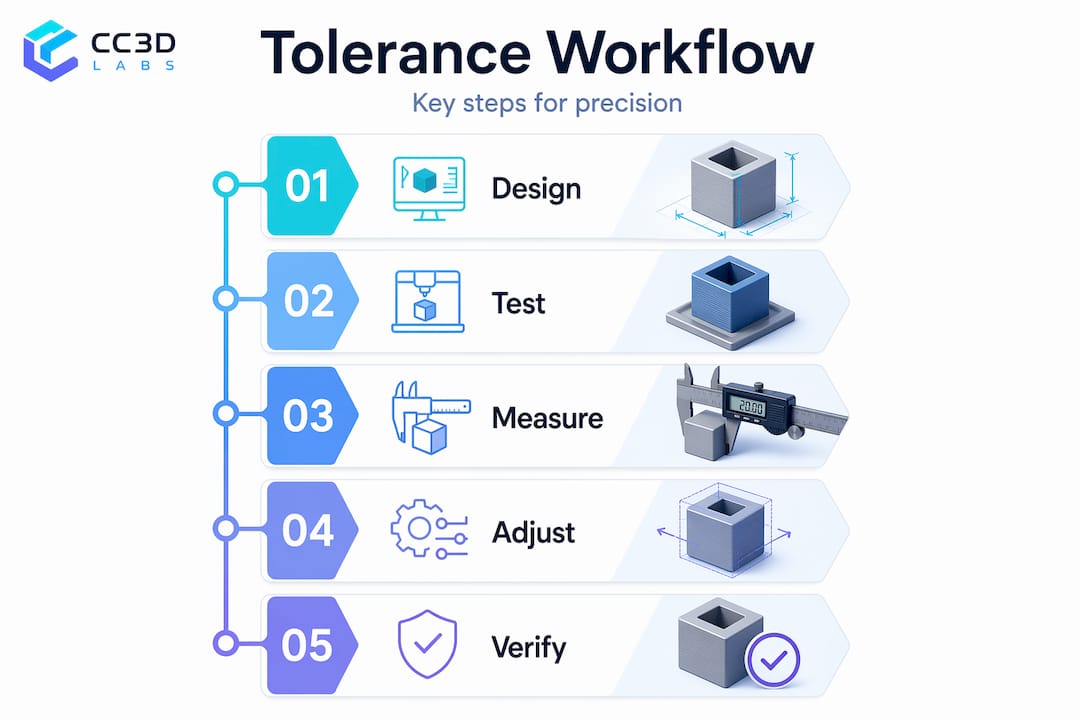 Infographic outlining 3D printing tolerance workflow steps