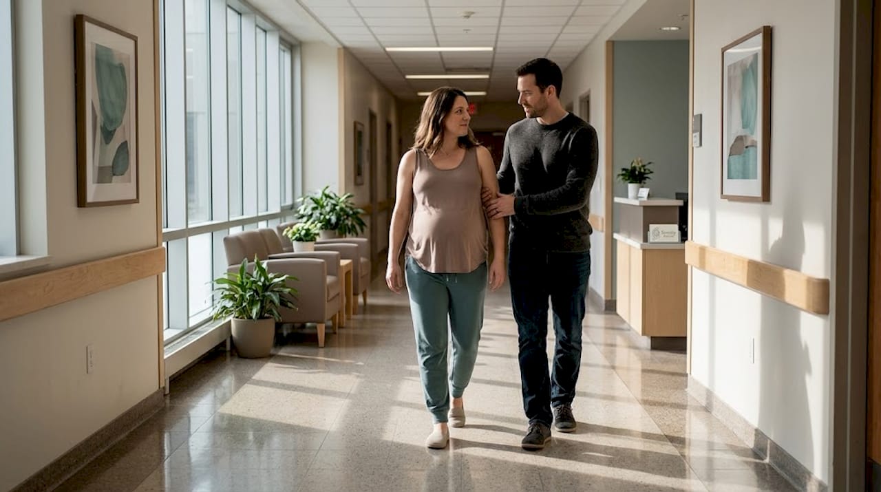 Pregnant woman walking hospital hallway