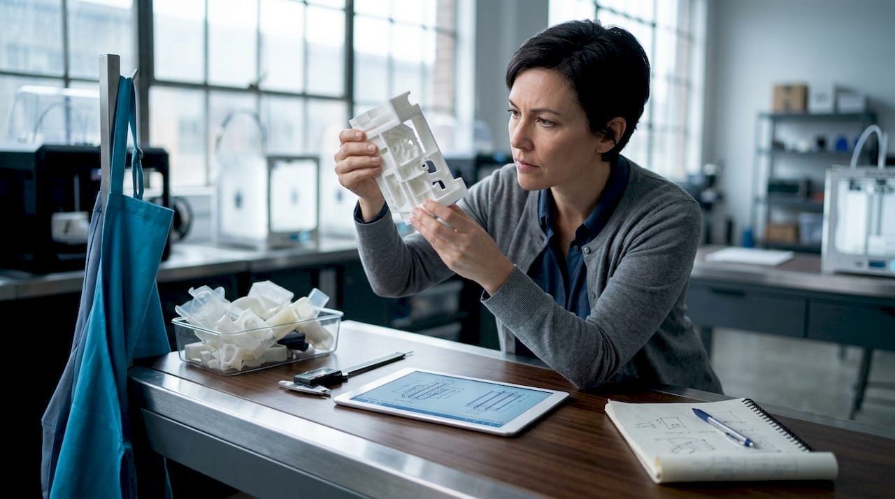Engineer examining 3D printed part for issues