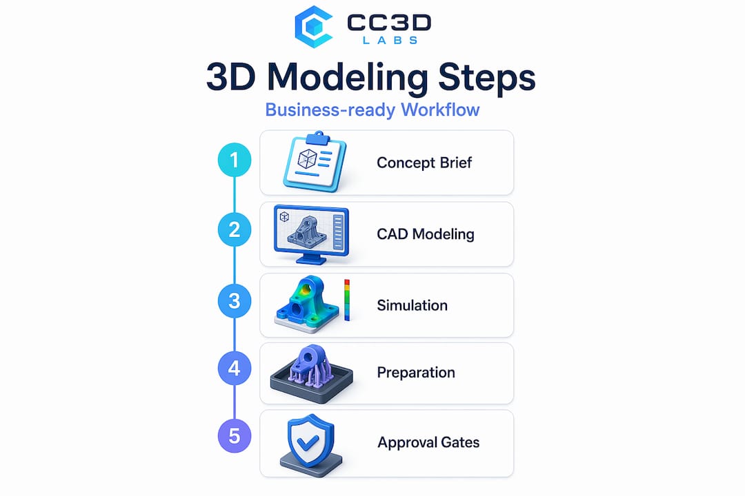 Infographic with 3D modeling workflow steps