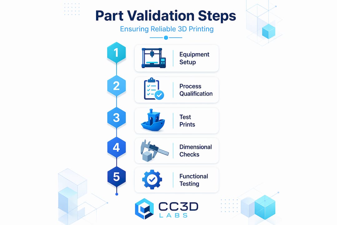 Infographic showing steps in 3D print part validation