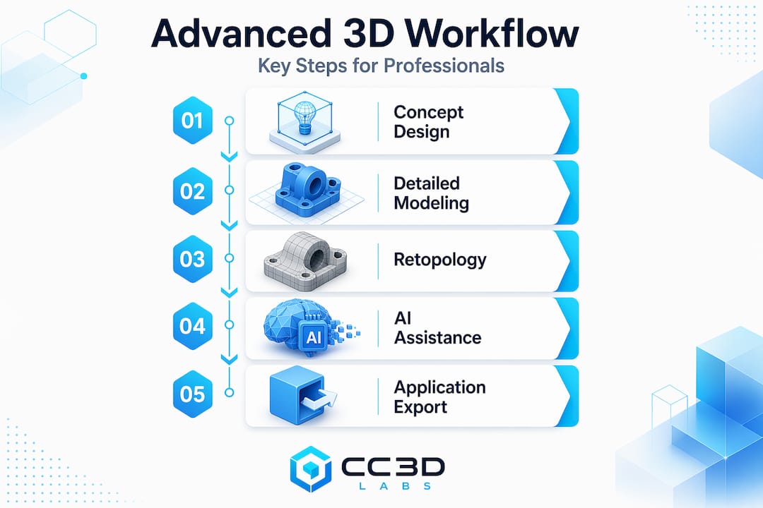 Infographic showing main steps in advanced 3D modeling workflow