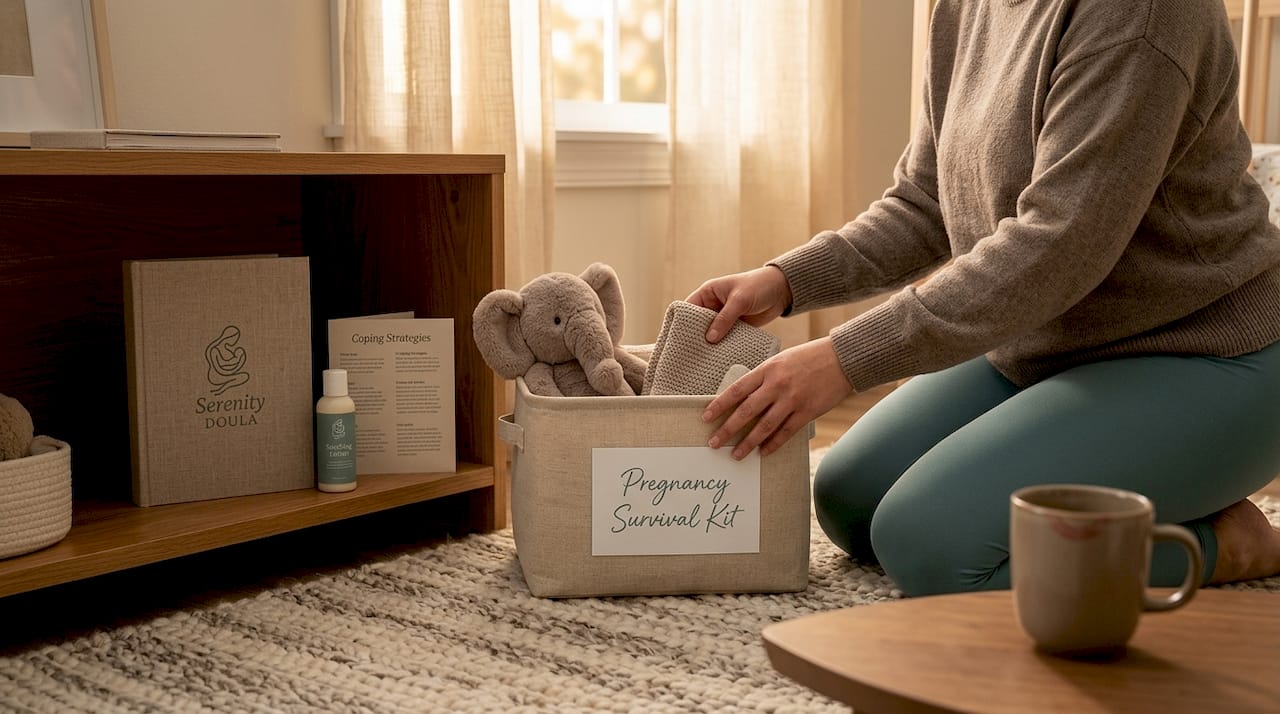 Parent assembling pregnancy survival kit at home