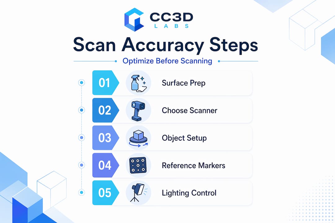 Infographic showing five steps to optimize 3D scan accuracy