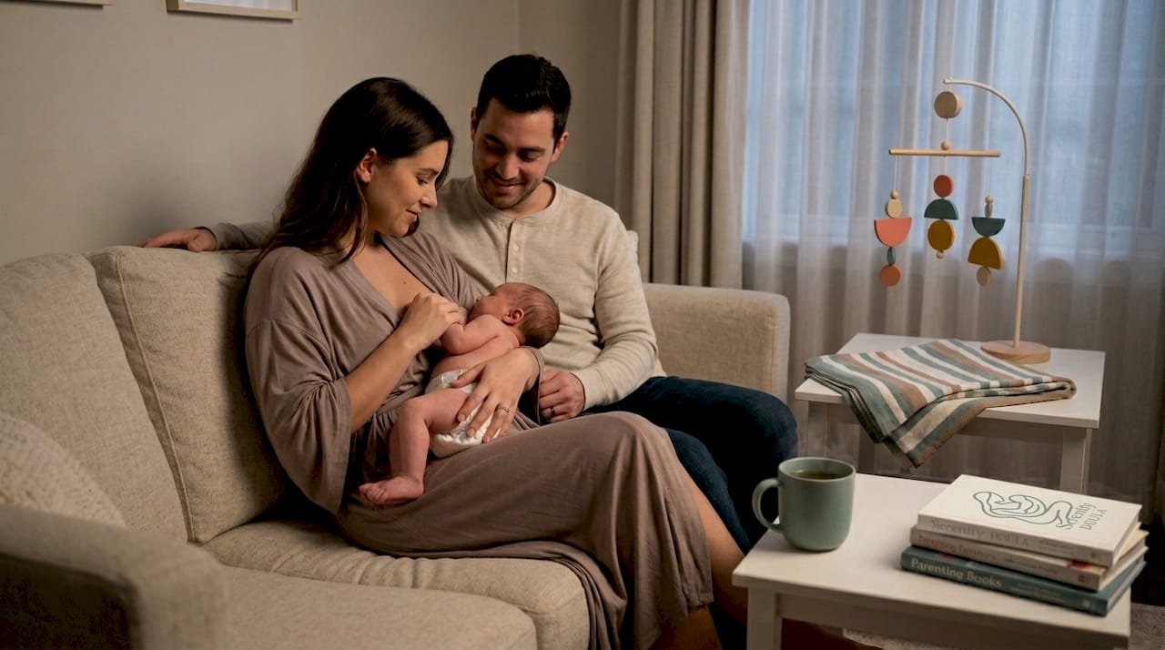 Parents and baby relaxing together at home