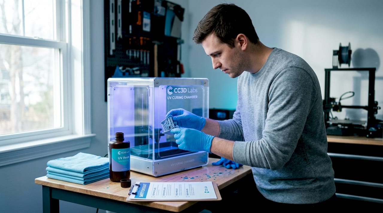 Man curing resin 3D print in UV chamber