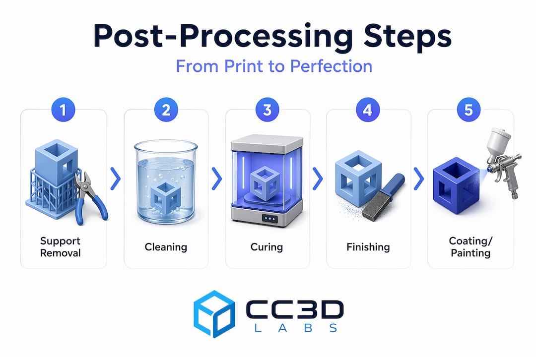 Infographic showing five steps of post-processing