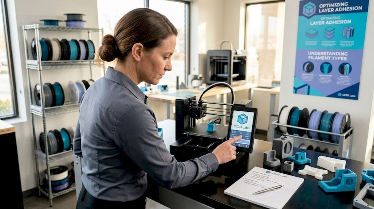 Technician adjusting 3D printer in workspace